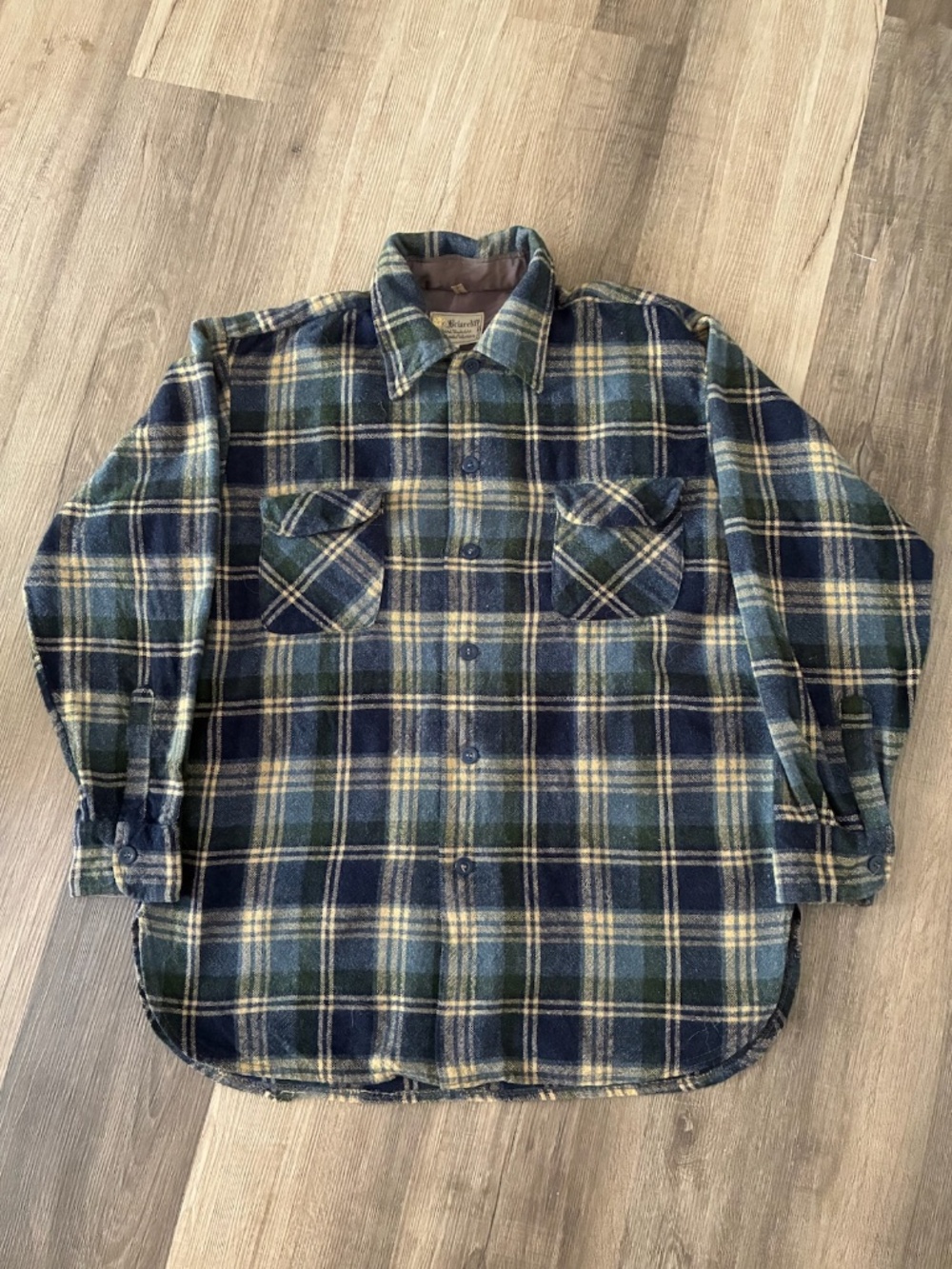 1960s Wool Plaid Button Down Shirt Mens M L